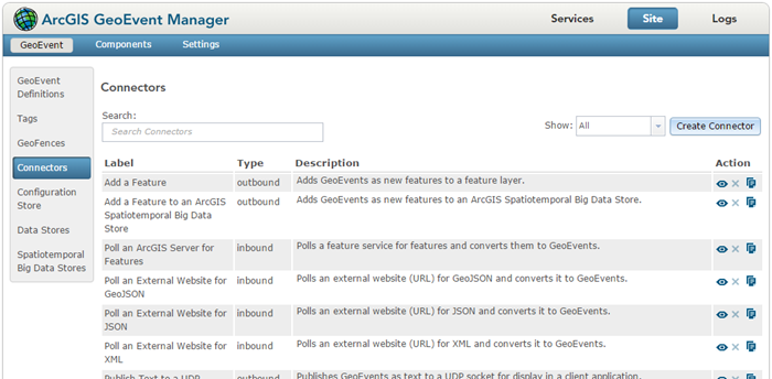Use GeoEvent Manager to view, create, and manage connectors. Use GeoEvent Manager to view, create, and manage connectors.