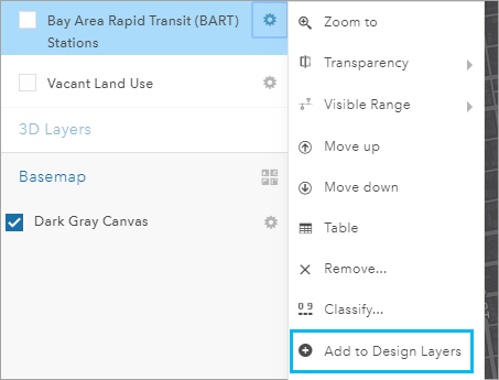 Add to Design Layers menu option Add to Design Layers menu option