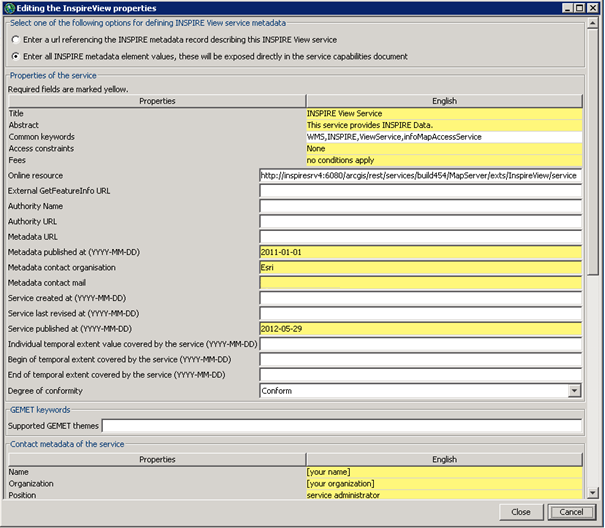 Editing the INSPIRE View service properties